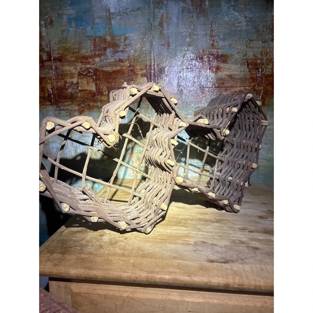 Rustic Double Heart Twig Basket Primitive Grapevine Woven Decor Brown 13.5in